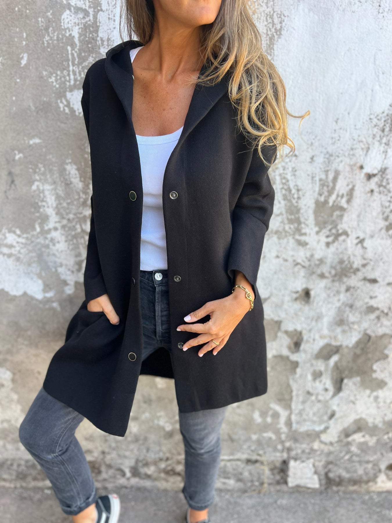 Lässige lange Jacke mit Kapuze für Frauen