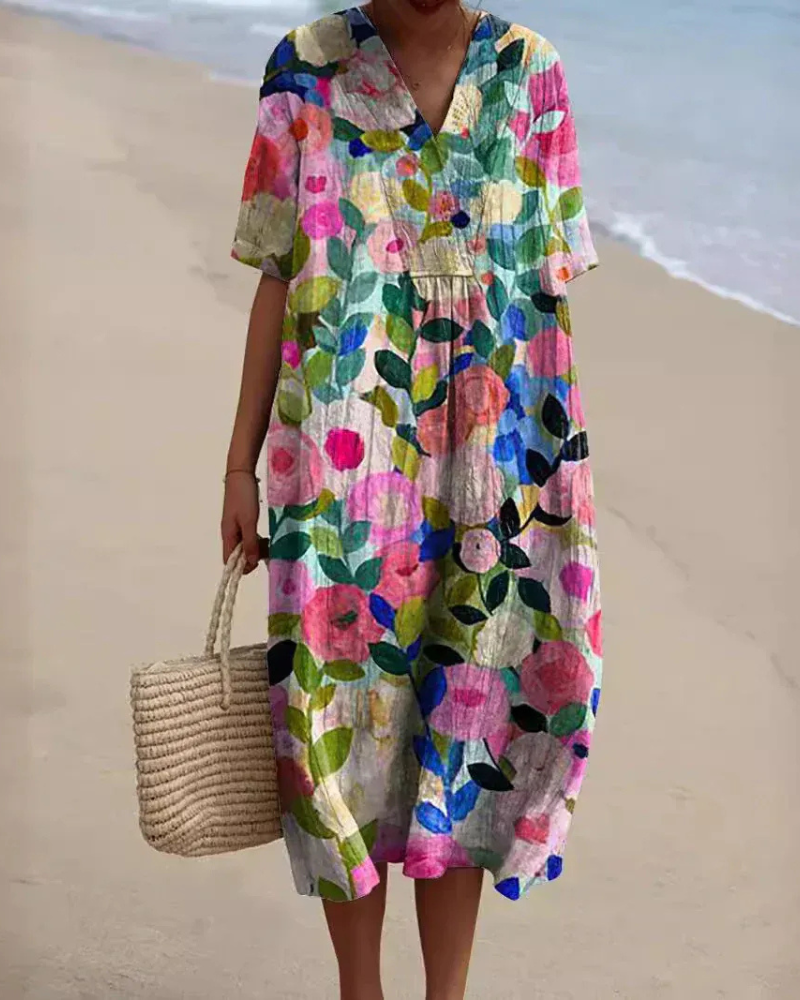 Lockeres geblümtes Sommerkleid für Damen | Midi