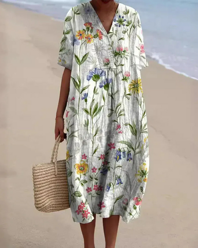 Lockeres geblümtes Sommerkleid für Damen | Midi