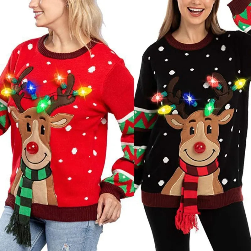 Weihnachts-Rentier-Strickpullover mit LED-Lichtern für Damen