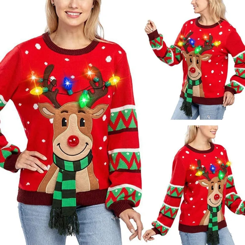 Weihnachts-Rentier-Strickpullover mit LED-Lichtern für Damen