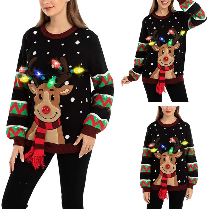 Weihnachts-Rentier-Strickpullover mit LED-Lichtern für Damen