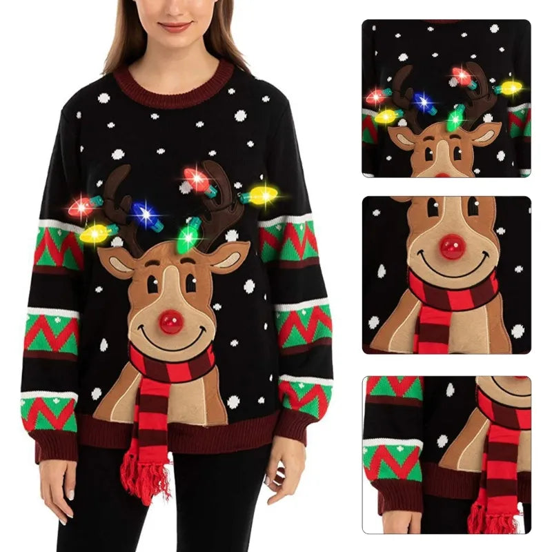Weihnachts-Rentier-Strickpullover mit LED-Lichtern für Damen