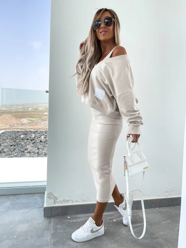 Strick-Zweiteiler mit Top | Oversize Pullover | Figurbetonter Midirock