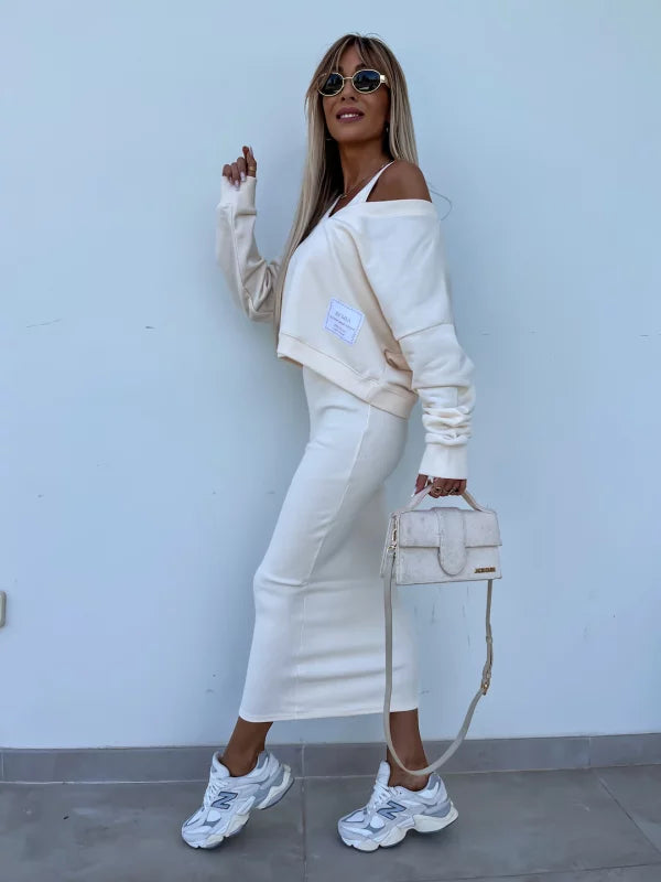 Strick-Zweiteiler mit Top | Oversize Pullover | Figurbetonter Midirock