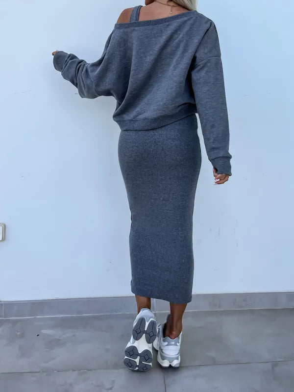 Strick-Zweiteiler mit Top | Oversize Pullover | Figurbetonter Midirock