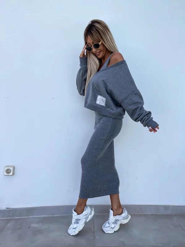 Strick-Zweiteiler mit Top | Oversize Pullover | Figurbetonter Midirock