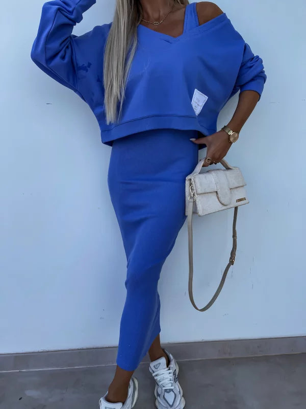 Strick-Zweiteiler mit Top | Oversize Pullover | Figurbetonter Midirock