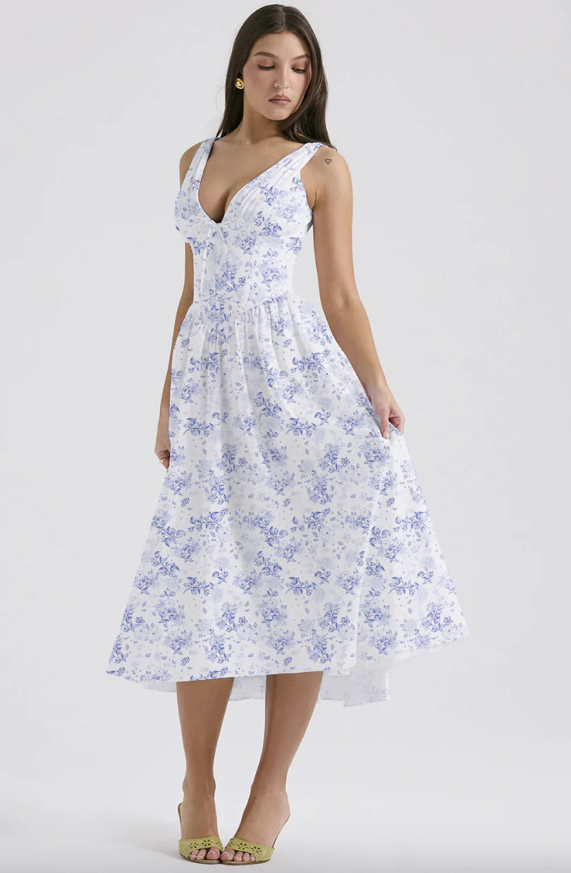 Ariana - Midikleid mit V-Ausschnitt, Korsett und ausgestelltem Rock
