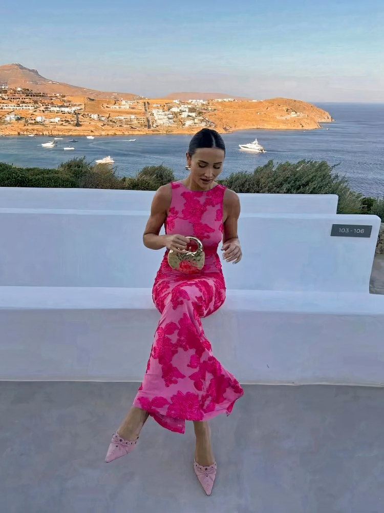 Rosa geblümtes Damen Bodycon Abendkleid | Maxi