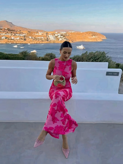 Rosa geblümtes Damen Bodycon Abendkleid | Maxi