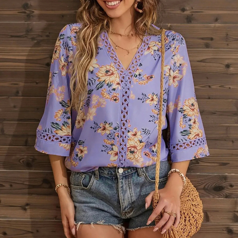 Sommerbluse mit Blumenmuster für Damen | Kurzarm