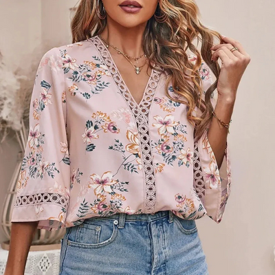 Sommerbluse mit Blumenmuster für Damen | Kurzarm