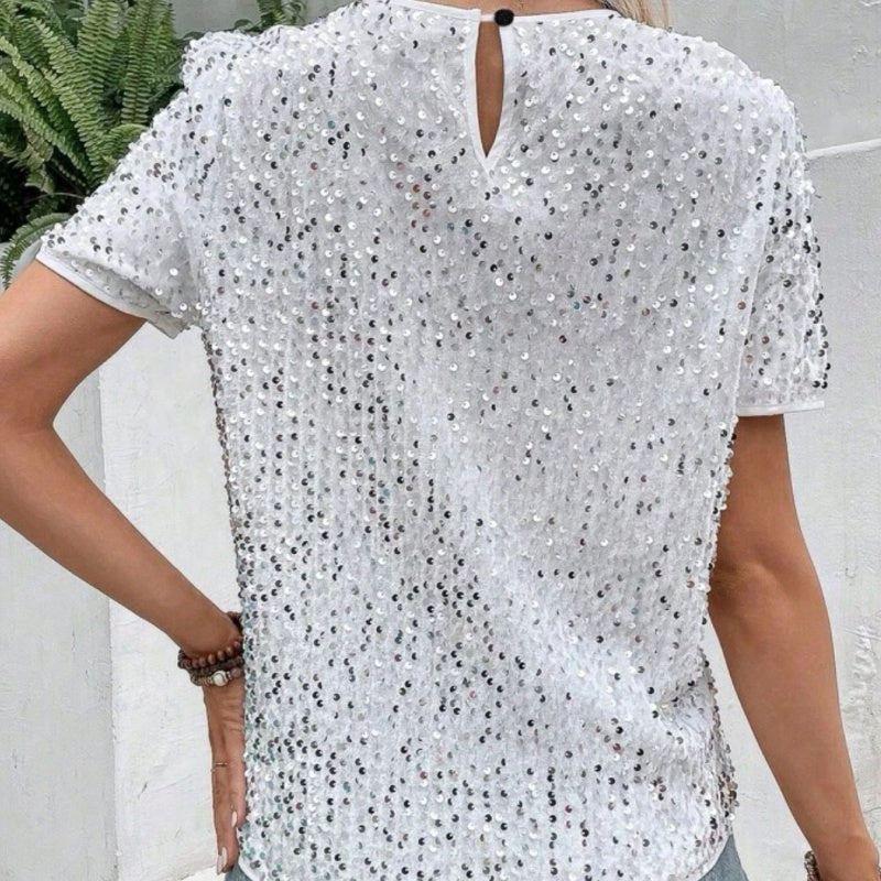 Paillettenshirt mit Rundhalsausschnitt | Kurzarm | Glanzvoller Look