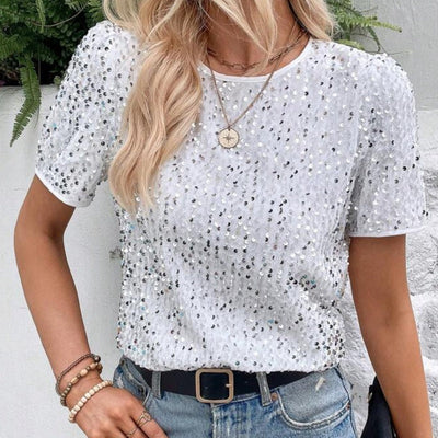 Paillettenshirt mit Rundhalsausschnitt | Kurzarm | Glanzvoller Look