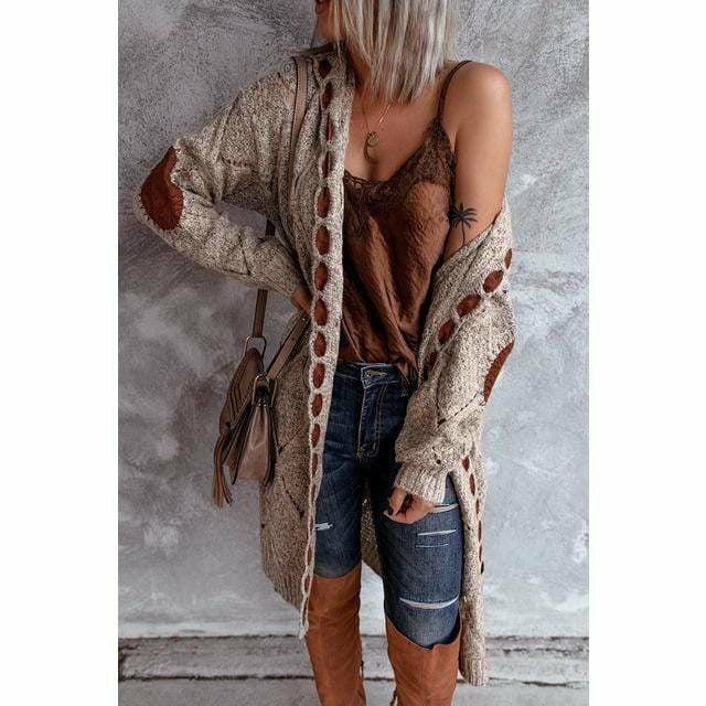 Khaki Strickjacke mit Ellbogen-Patches für Damen
