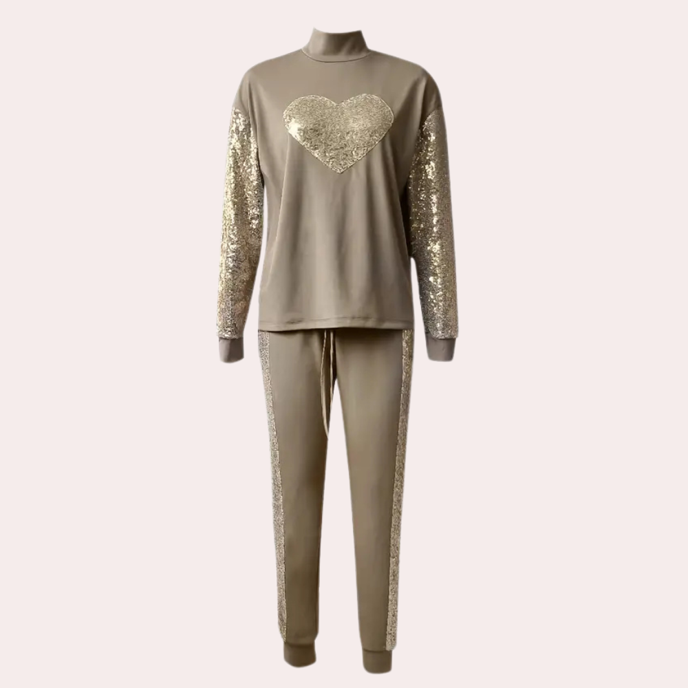Khaki Trainingsanzug mit Goldpailletten für Frauen