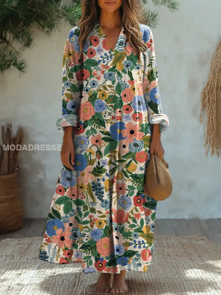 Elegantes Midi-Kleid mit Vintage Blumenmuster und V-Ausschnitt – Lässig und Langärmlig