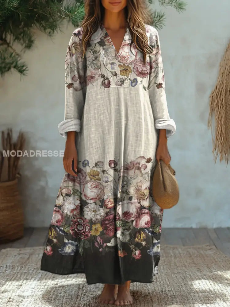 Elegantes Vintage Blumenmuster V-Ausschnitt Midi Kleid mit langen Ärmeln