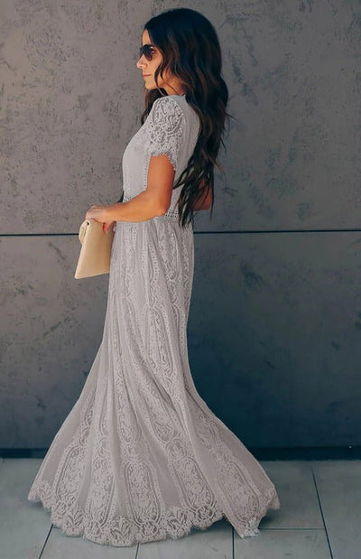 Élise Elegante Lange Kleid mit Offenen Details – Schicke Kurzarm Maxikleid