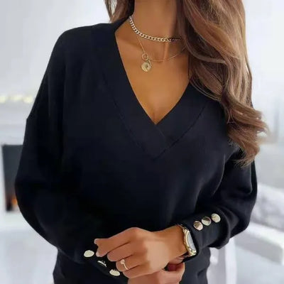 V-Ausschnitt-Pullover mit Knöpfen für Damen